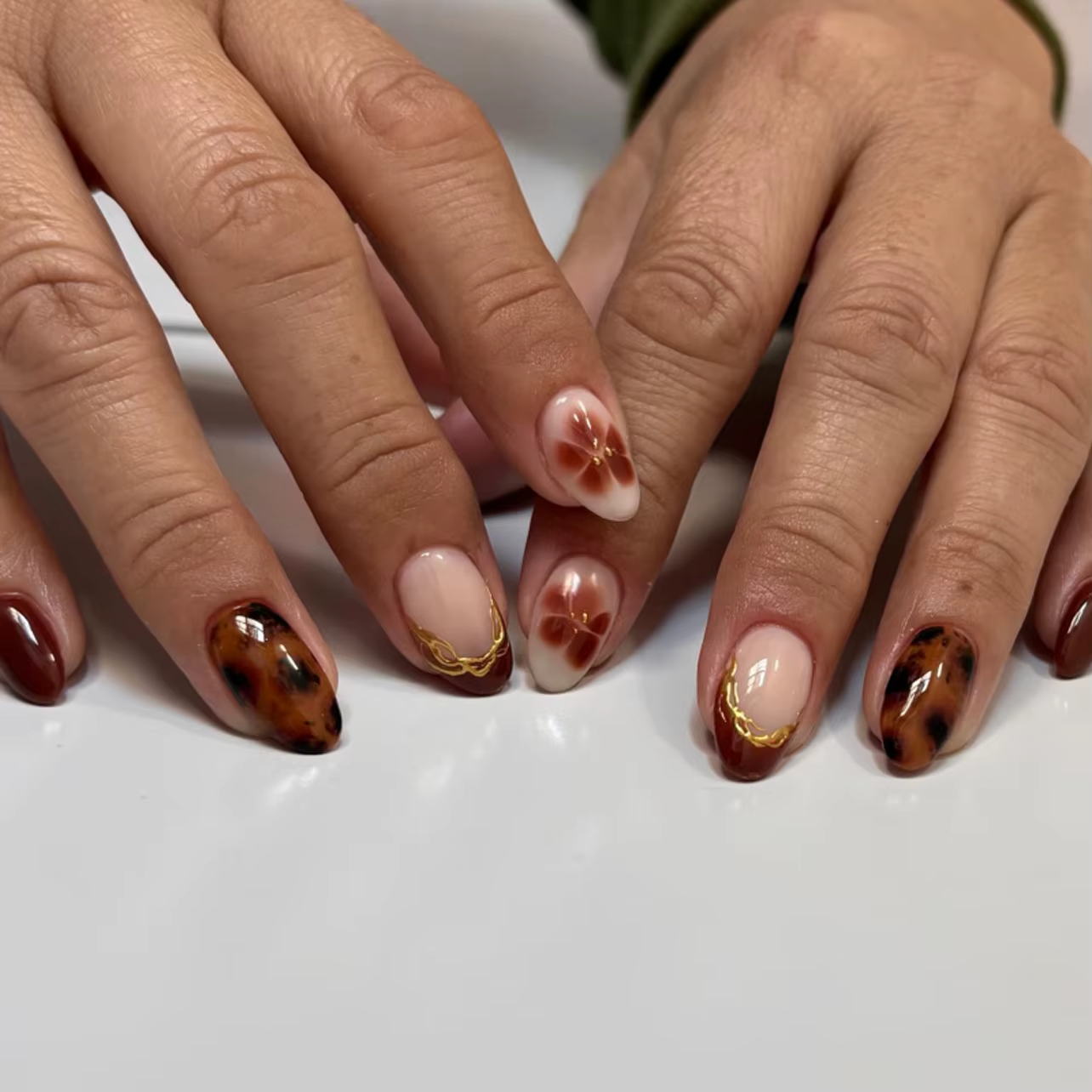24 pièces français imprimé léopard presse sur ongles automne doré perle marron fleurs amande faux