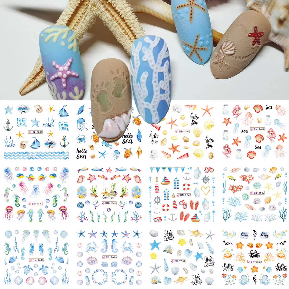 12 Motifs d'Autocollants pour Ongles Thème Océan Estival – Conques
