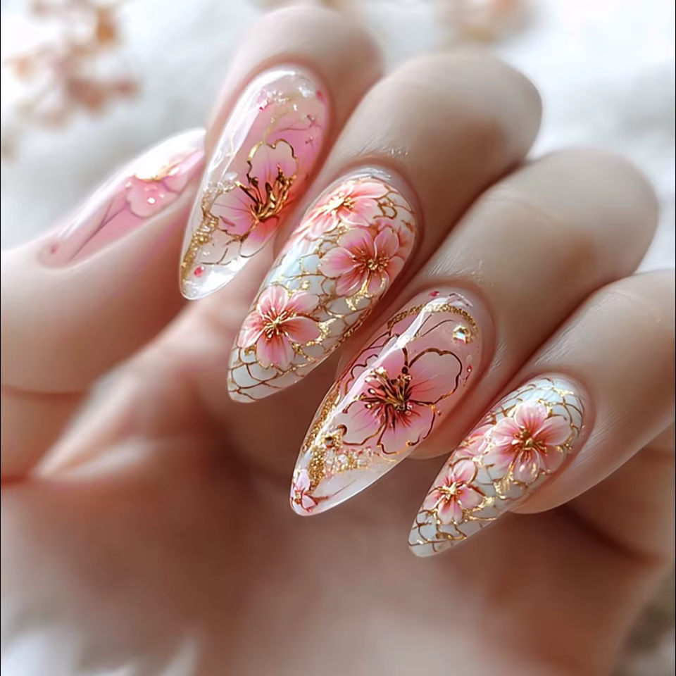 24 pièces/ensemble faux ongles mi-longs fleurs de poisson de cygne pour la saison d'été dégradé amande pointes de