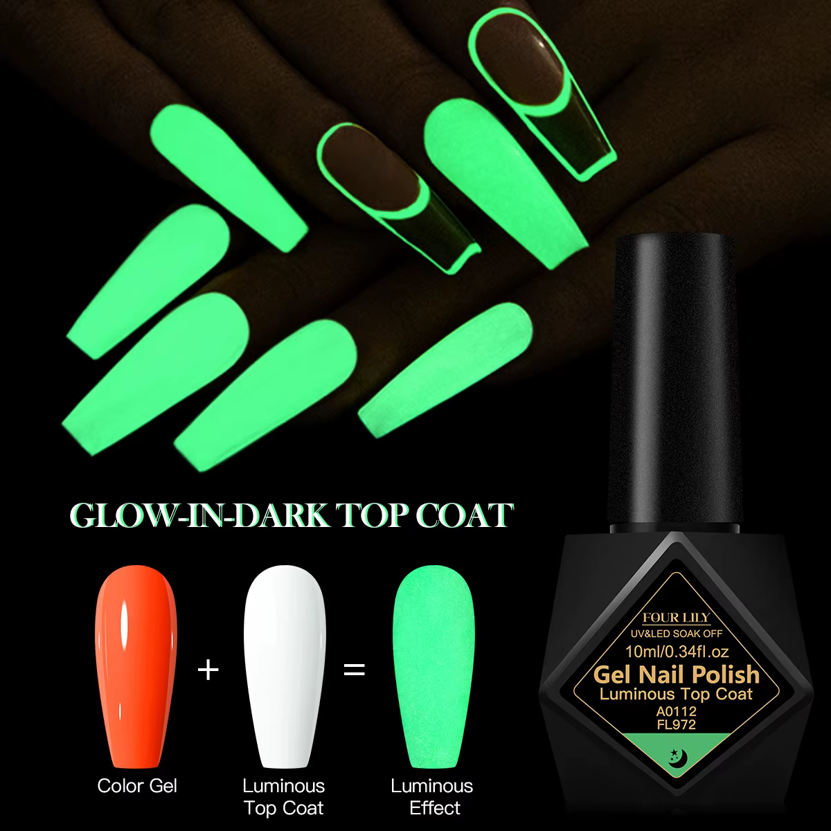 FOUR LILY 10ml Top Coat Lumineux Sans Résidu Gel Vert Phosphorescent Vernis à Ongles DIY Salon à Domicile Cadeau Festif Pour la Saint-Valentin
