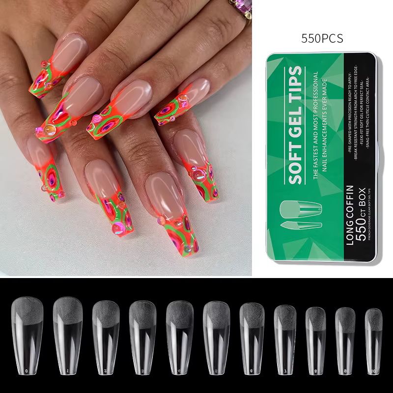 440/550 pièces clair acrylique longs faux ongles Capsules amande cercueil français pleine demi couverture