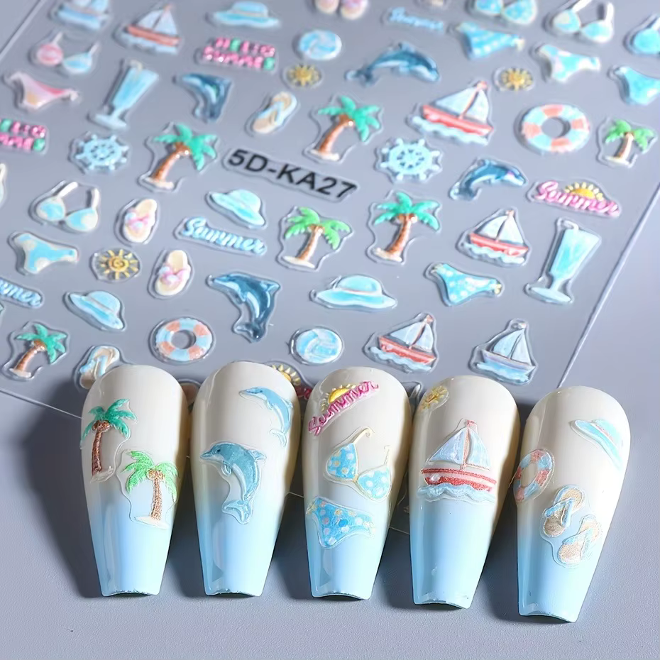 Autocollants pour ongles en relief avec des motifs floraux et d'animaux de plage d'été
