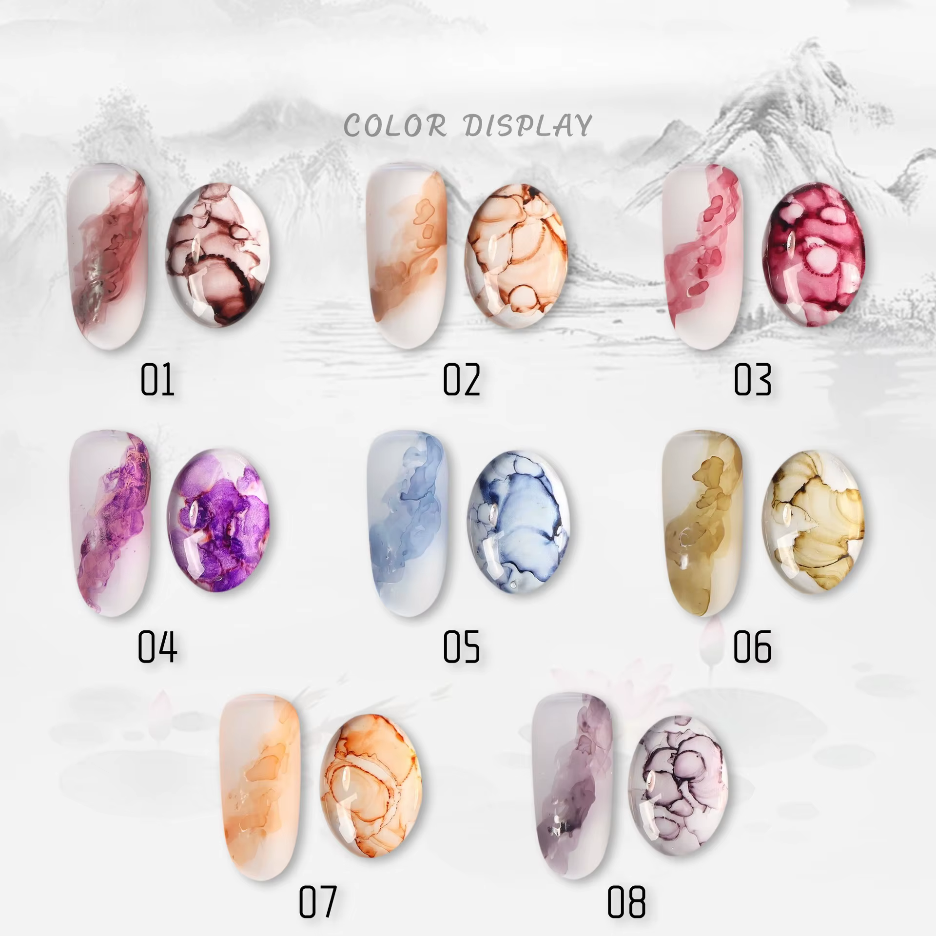 8 Couleurs Violet Bleu Rouge – Gels Marbrants Effet Aquarelle pour Ongles – Vernis