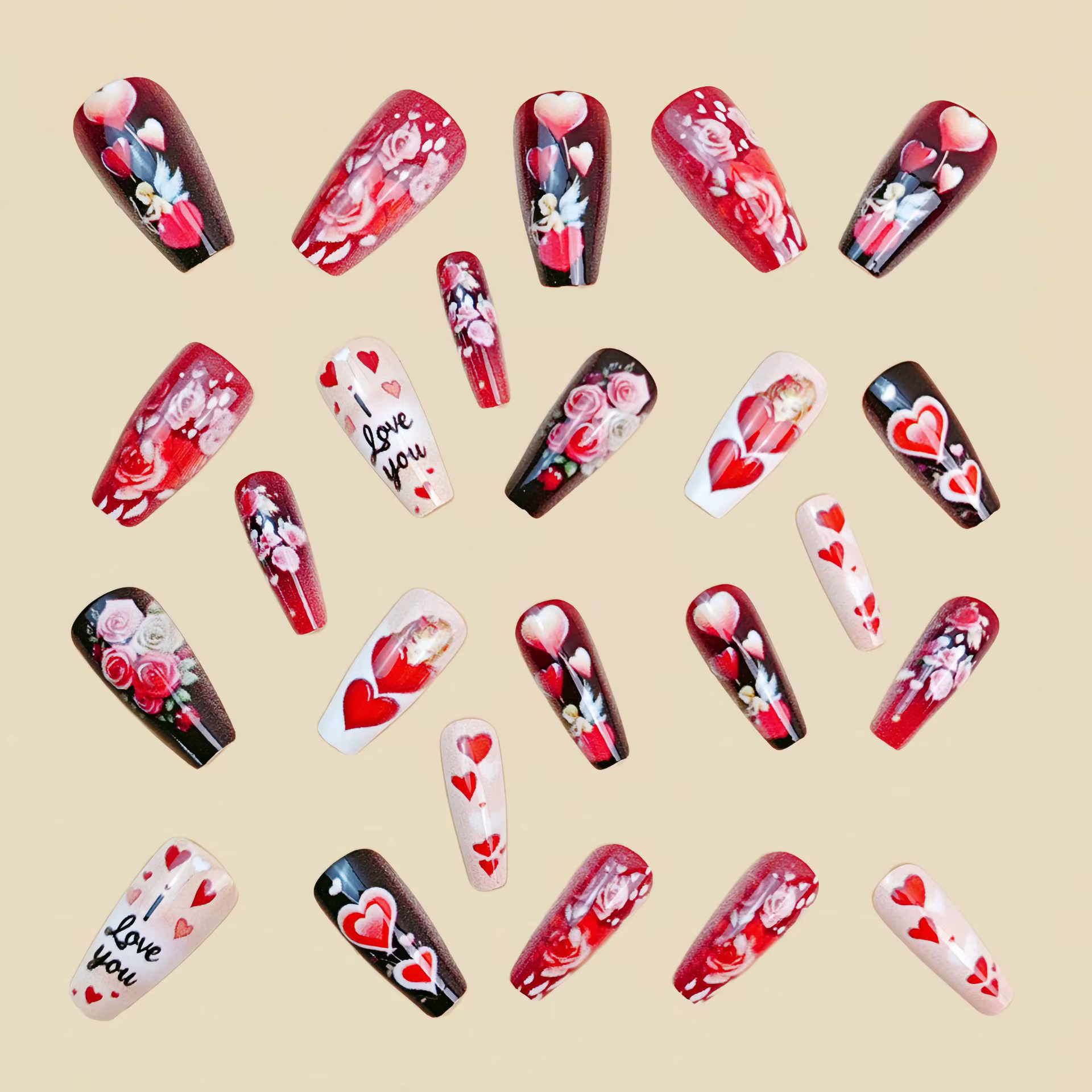Faux ongles en forme de cœur rouge