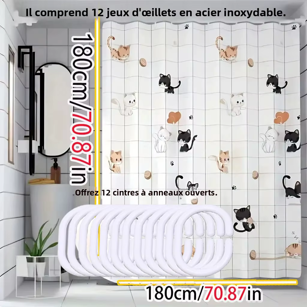 Rideau de douche simple avec motif de chat coquin, facile à nettoyer et à récurer, en matériau PEVA imperméable, léger et opaque