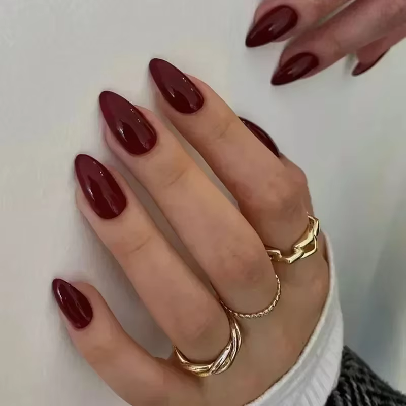 24 pièces ongles artificiels rouge vin portable avec colle faux