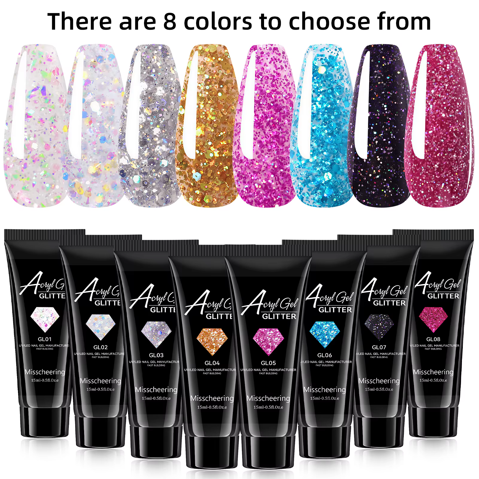 Misscheering Gel Acrylique Pailleté 15ml pour Extension d'Ongles