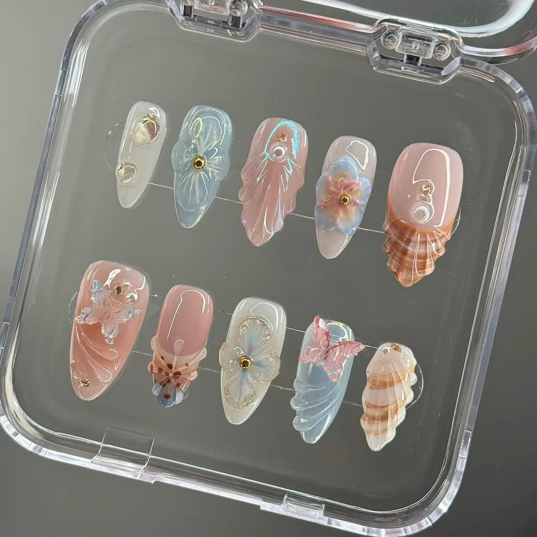 Tendance 3D Shell Nail Art été longue plage vacances ongles amande pointe française papillon 3d printemps fleur à la