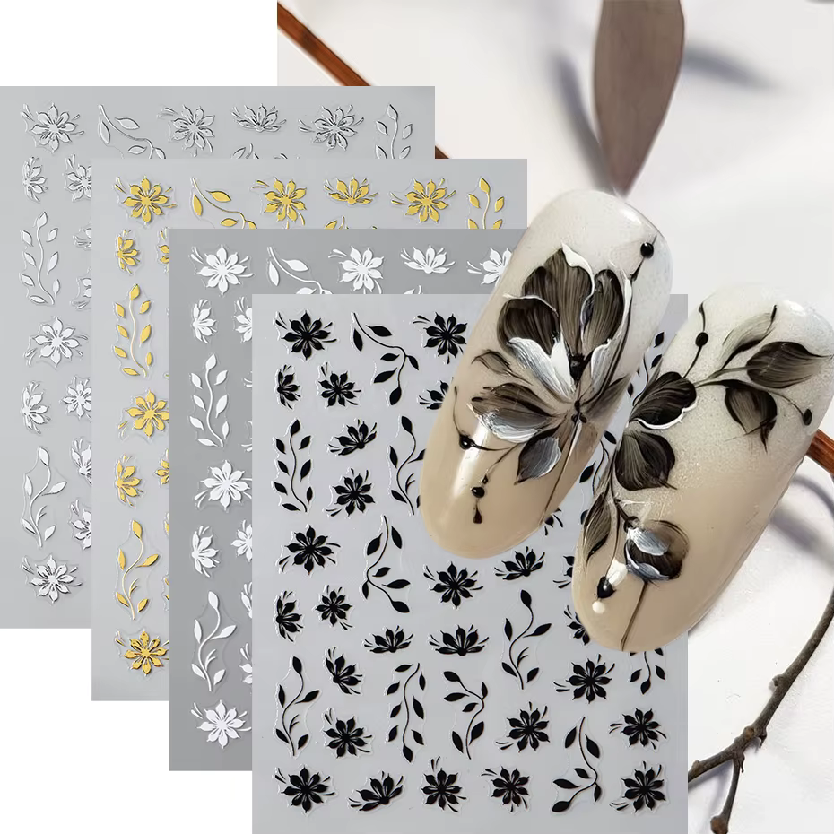 Autocollants pour ongles floraux – Décalcomanies 3D auto-adhésives à motif de fleurs et de feuilles pour Nail Art