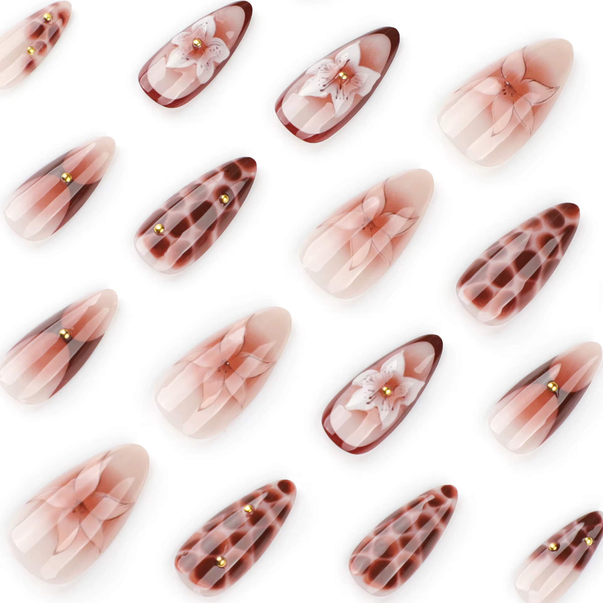 24 pièces rétro amande presse sur ongles marron marbre fissures fleur de glace imprimé faux