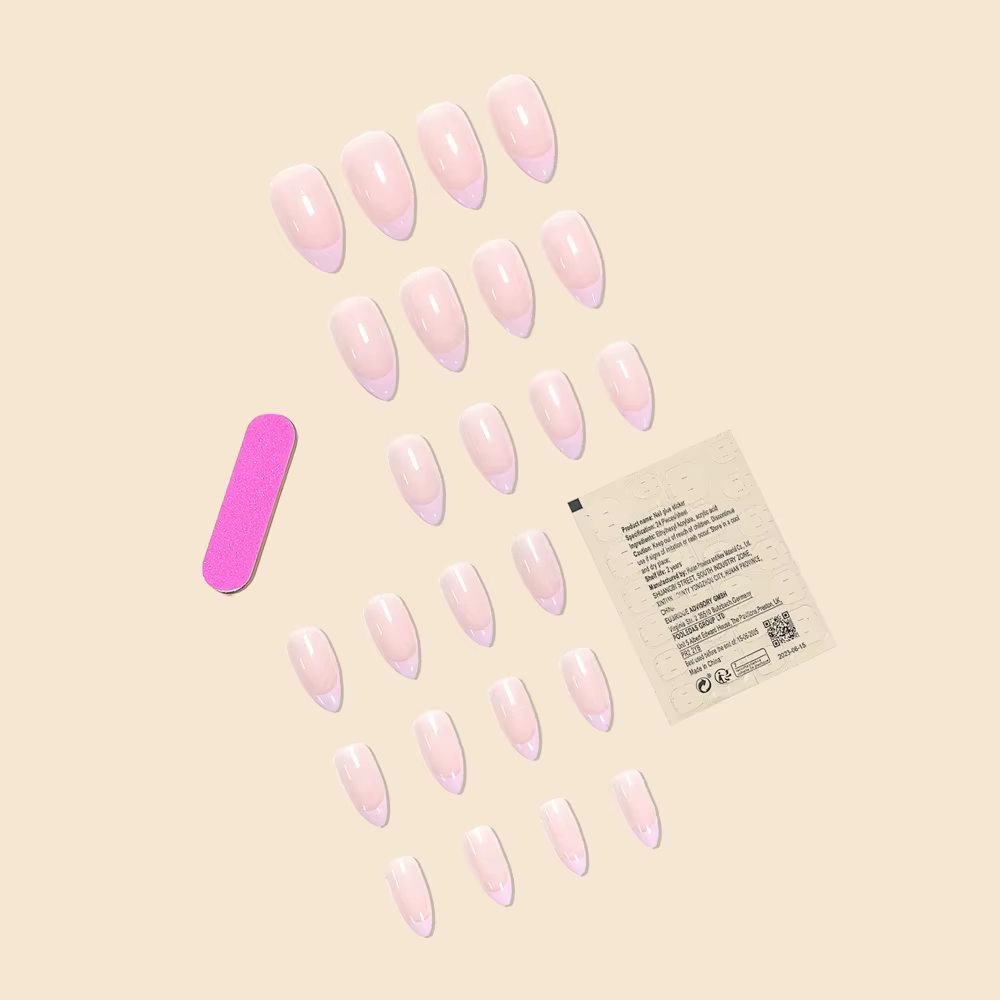 Mode femmes filles longue forme ovale français rose bordure rayures couverture complète portable faux ongles presse sur Nail Art 24 pièces/ensemble ﻿