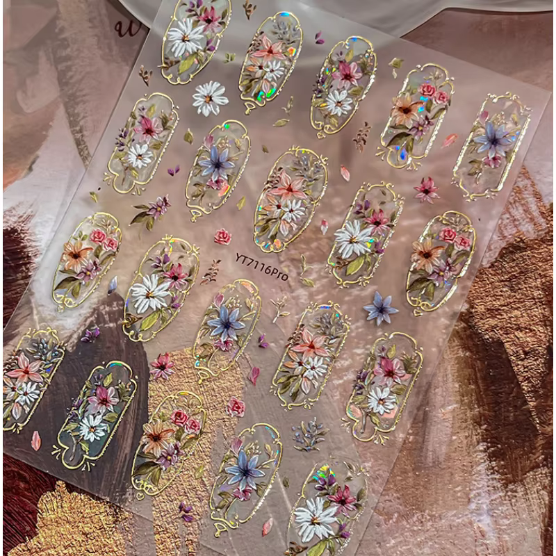 Autocollants 3D pour ongles Fleurs Élégantes, Motifs Palais Dorés, Décorations Auto-adhésives pour Nail Art, Fournitures DIY