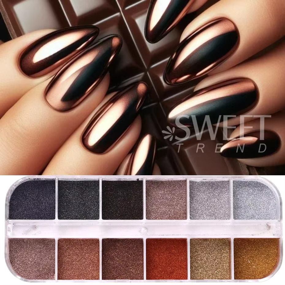 12 grilles automne hiver couleur foncé ongles paillettes Pigment miroir magique marron argent or frotter poudre Gel vernis poussière manucure décor