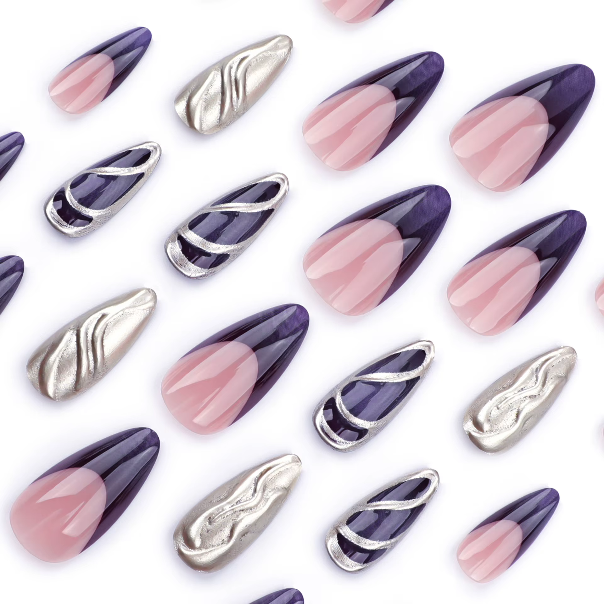 Violet mode française Nail Art 3D paillettes poudre ondulation de l'eau faux ongles détachable fini