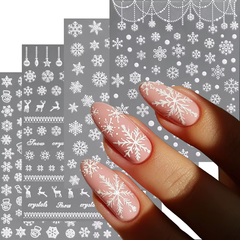 1sheet White Snowflake 3D Christmas Nail Art Stickers Self-Adhesive Xmas Snowy Winter