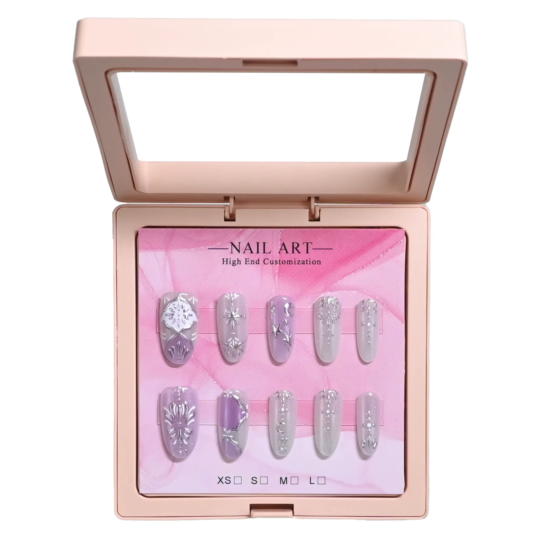 10 ongles de cercueil faits à la main dans une boîte cadeau rose. Base de vernis