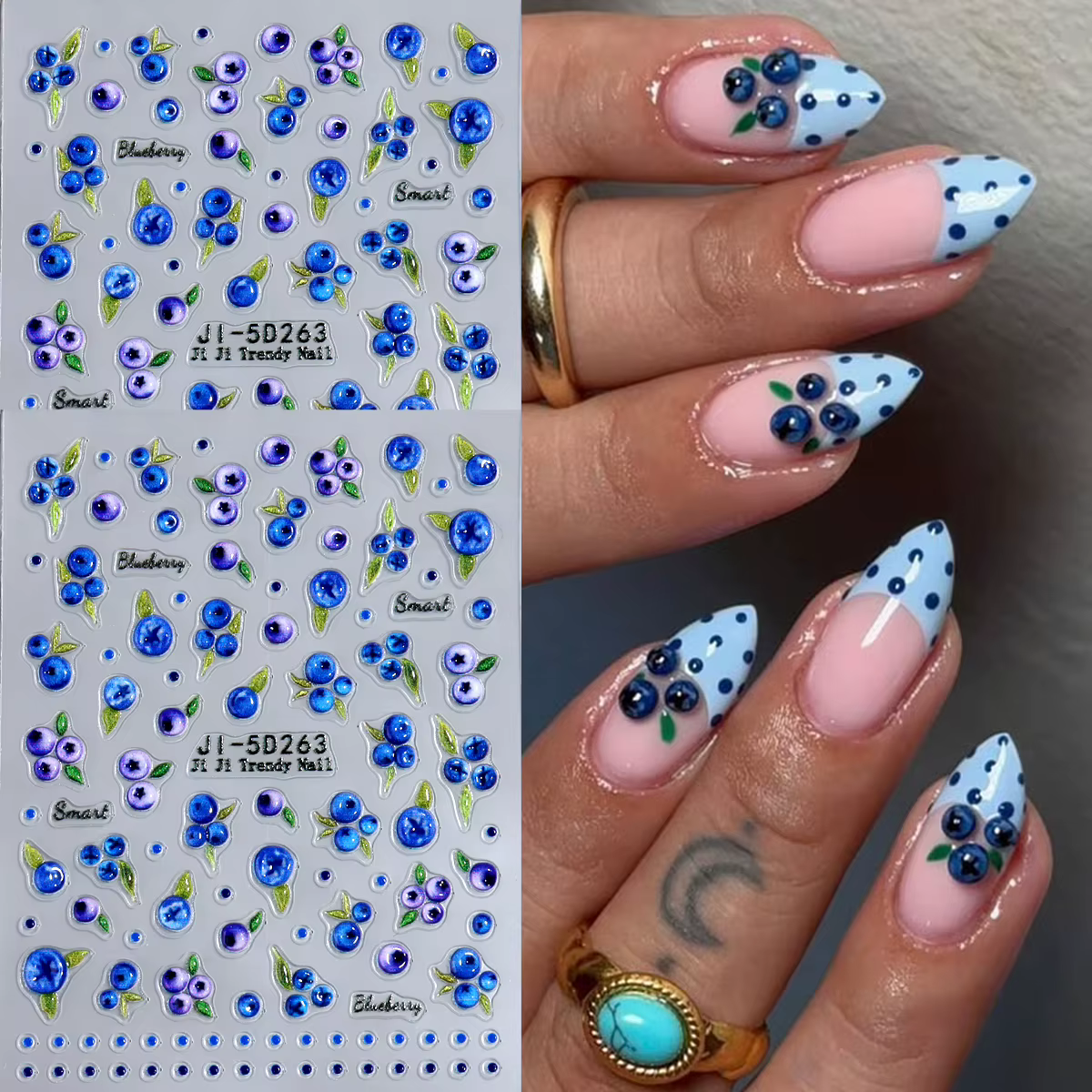 Autocollants pour ongles mignons motif myrtille dessin animé