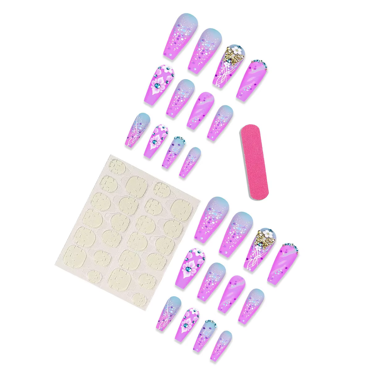 Faux biscuits arc-en-ciel avec camélia presse longue sur N64 Coffin Glitter French Tip N64 Rainbow Ombre N64