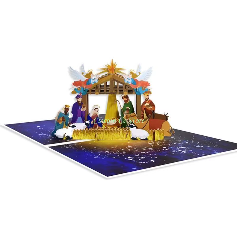 X90F Cartes Noël Salutations joyeuses en 3D Naissance Jésus nuit sainte