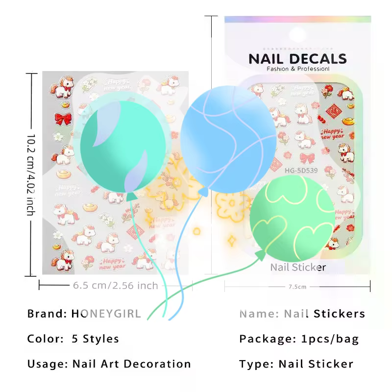 Autocollants 3D pour ongles motif cheval de dessin animé