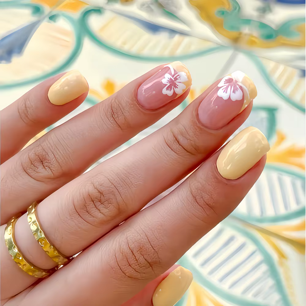 24 pièces fée fleur blanche faux ongles rose pointe française presse
