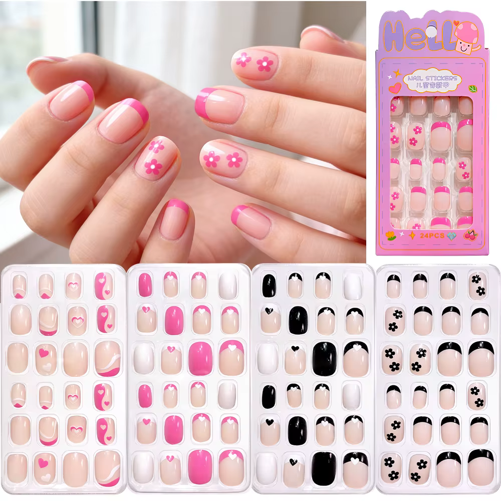 24 pièces/boîte Faux ongles en gel noirs et roses à fleurs pour filles