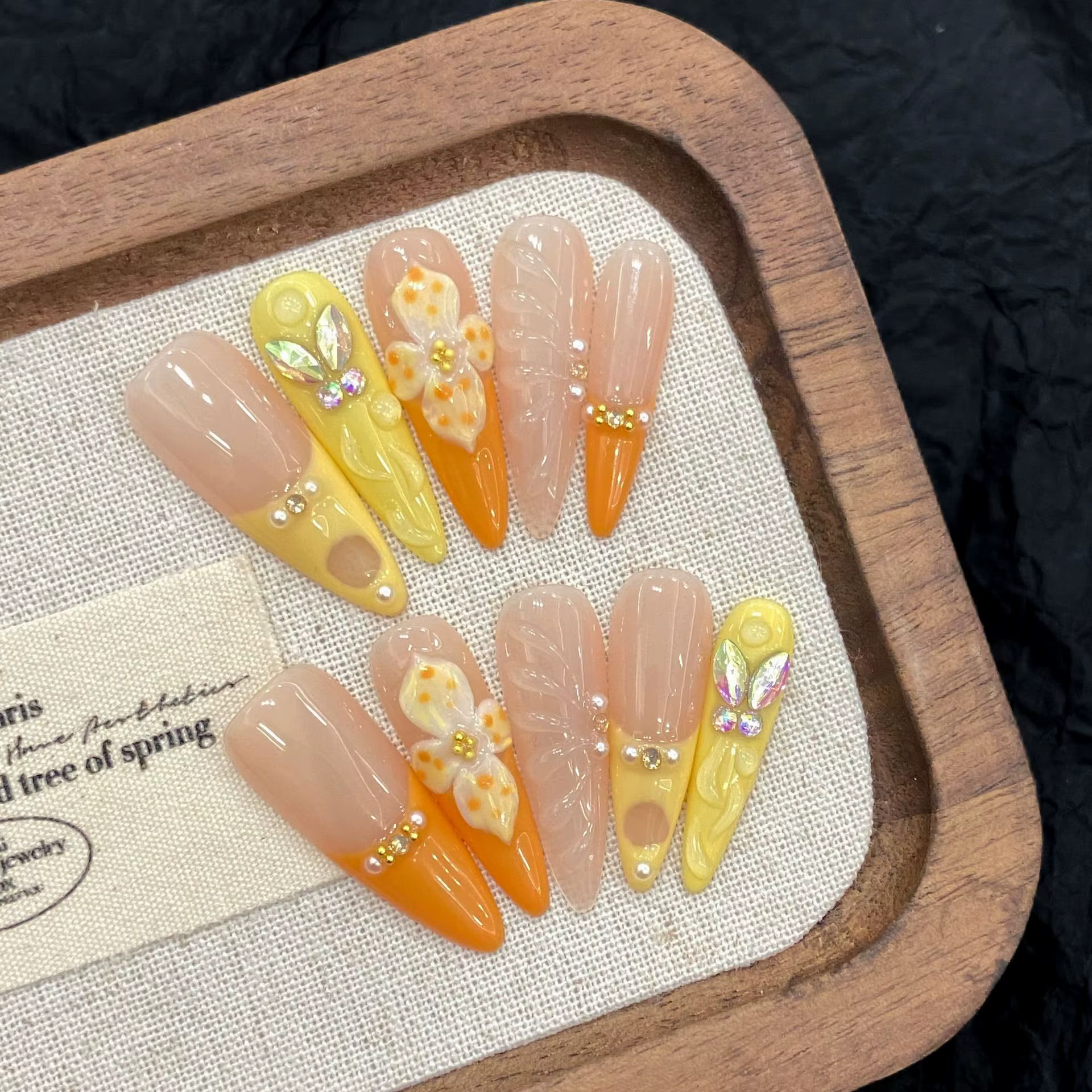 10 pièces vitalité Orange français presse à la main sur les ongles 3D sculpture oeuf fleur conceptions faux