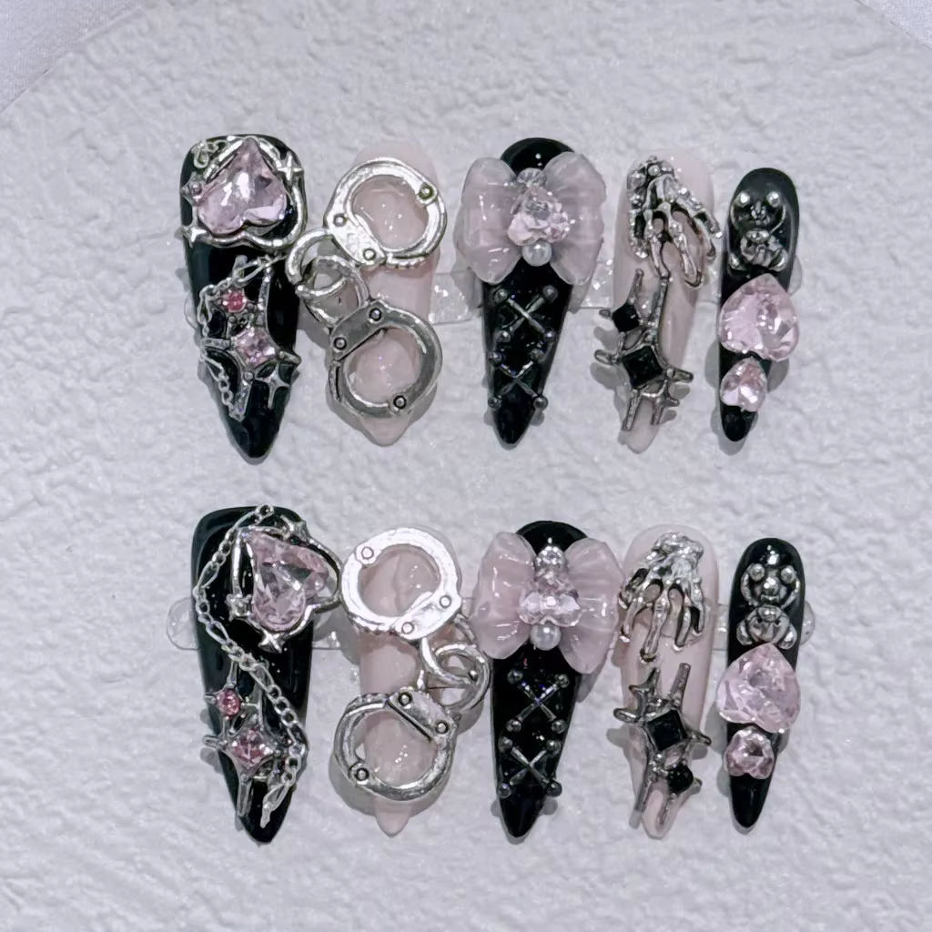 Shibuya Menhera Noir Rose Longue Pointe Faux Ongles Y2k Spice Girl Doux Cool