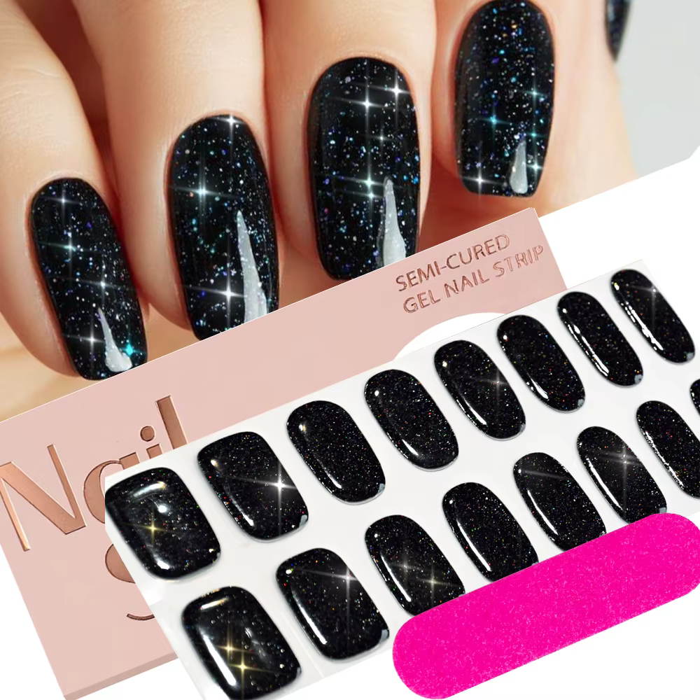 16 autocollants pour ongles en gel semi-durci à paillettes noires + 1 lime