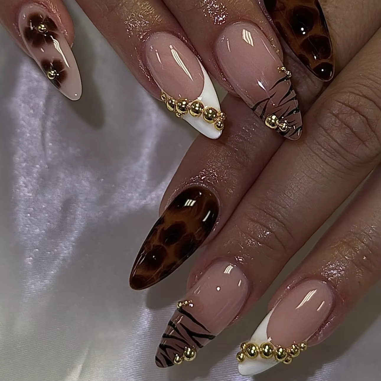 24 pièces français imprimé léopard presse sur ongles automne doré perle marron fleurs amande faux