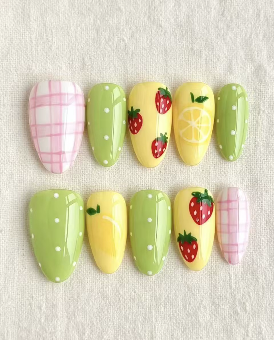 Faux ongles à presser motif fruits fraise-citron