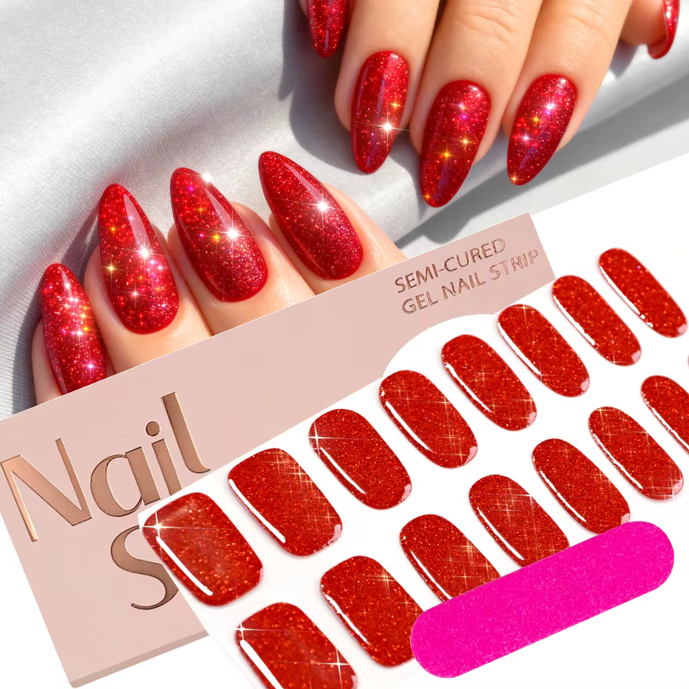 Autocollants pour ongles en Gel à paillettes rouges de noël