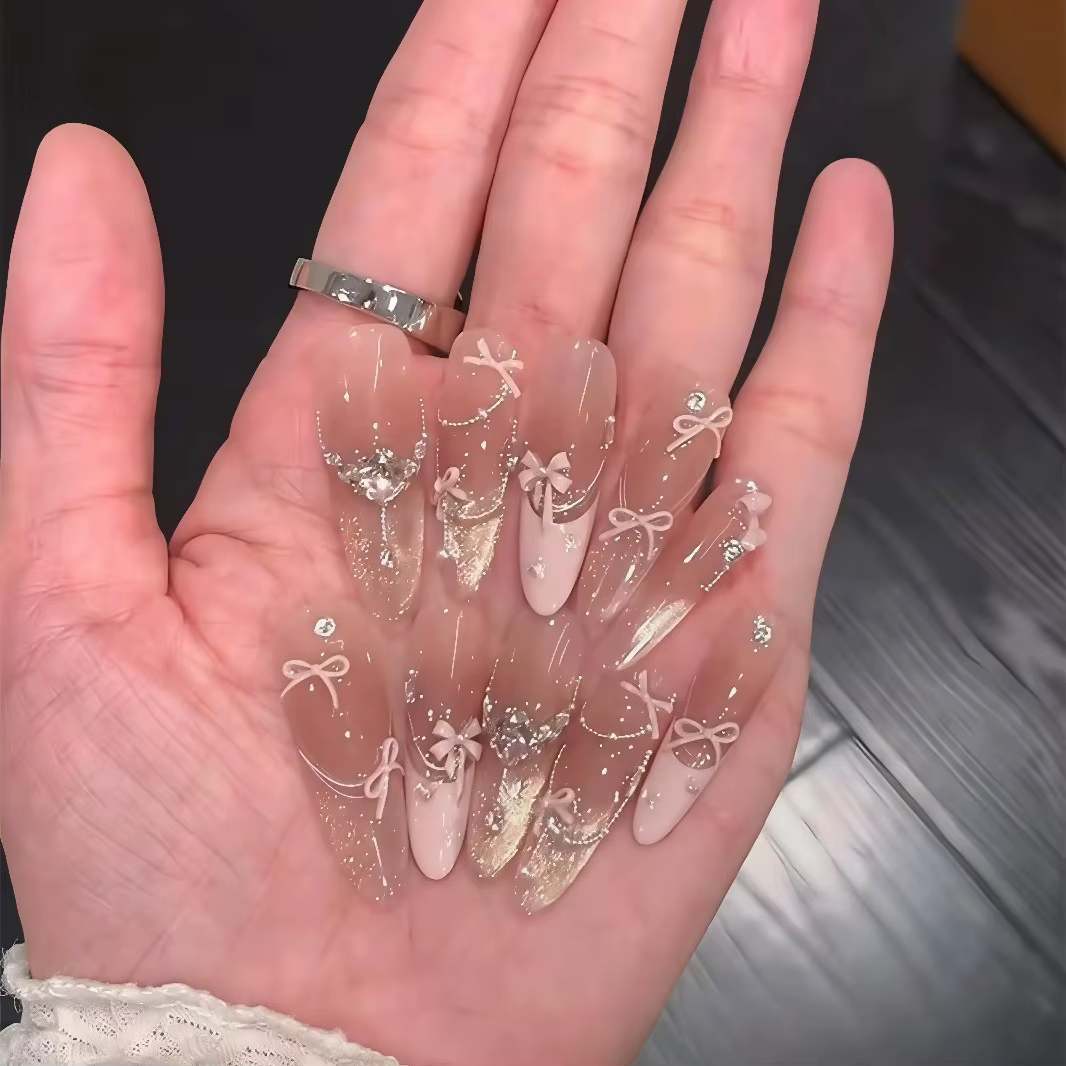 10 pièces rose oeil de chat faux ongles 3D papillon