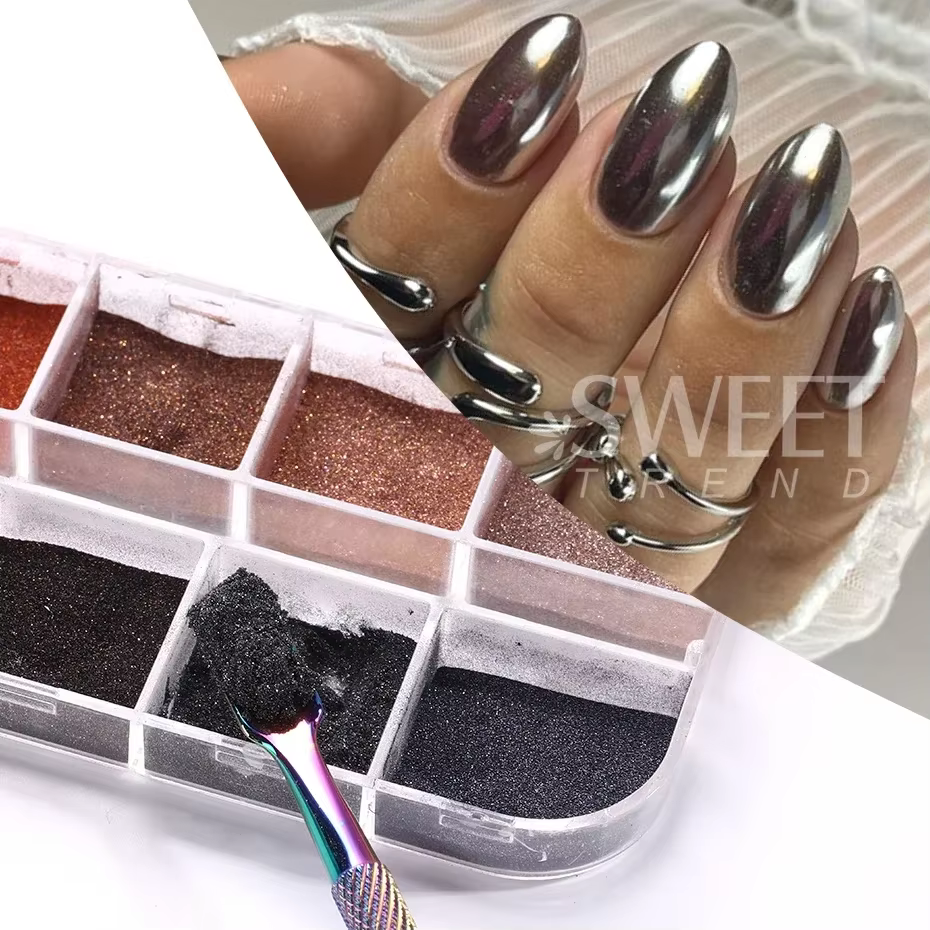 12 grilles automne hiver couleur foncé ongles paillettes Pigment miroir magique marron argent or frotter poudre Gel vernis poussière manucure décor