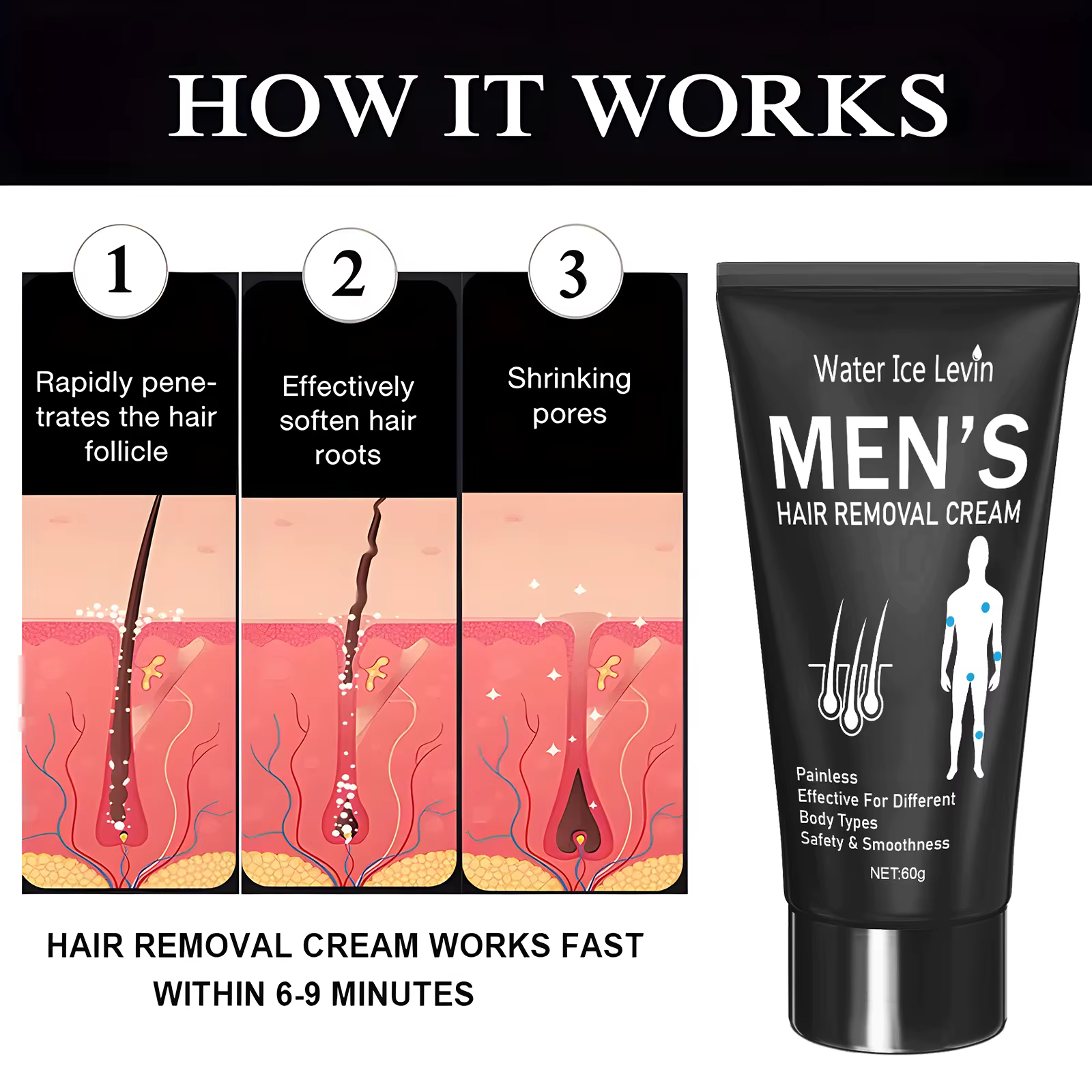 Crème dépilatoire 60g pour hommes et femmes, indolore, rapide et efficace, laisse la peau lisse et rafraîchissante, redonne confiance