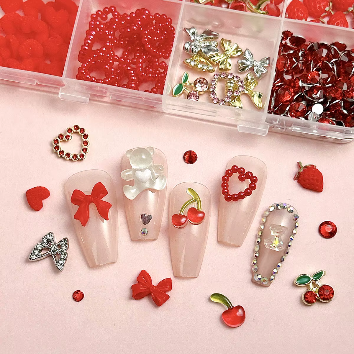 1 boîte de breloques pour ongles en résine de cerise simulée festive 3D