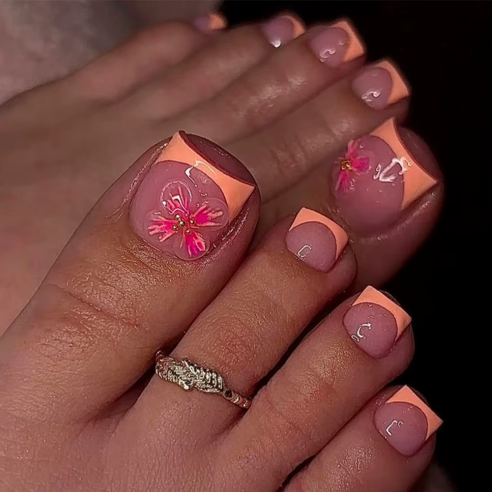 Orange français été 3D fleurs Nail Art portable mode faux ongles détachable fini orteil