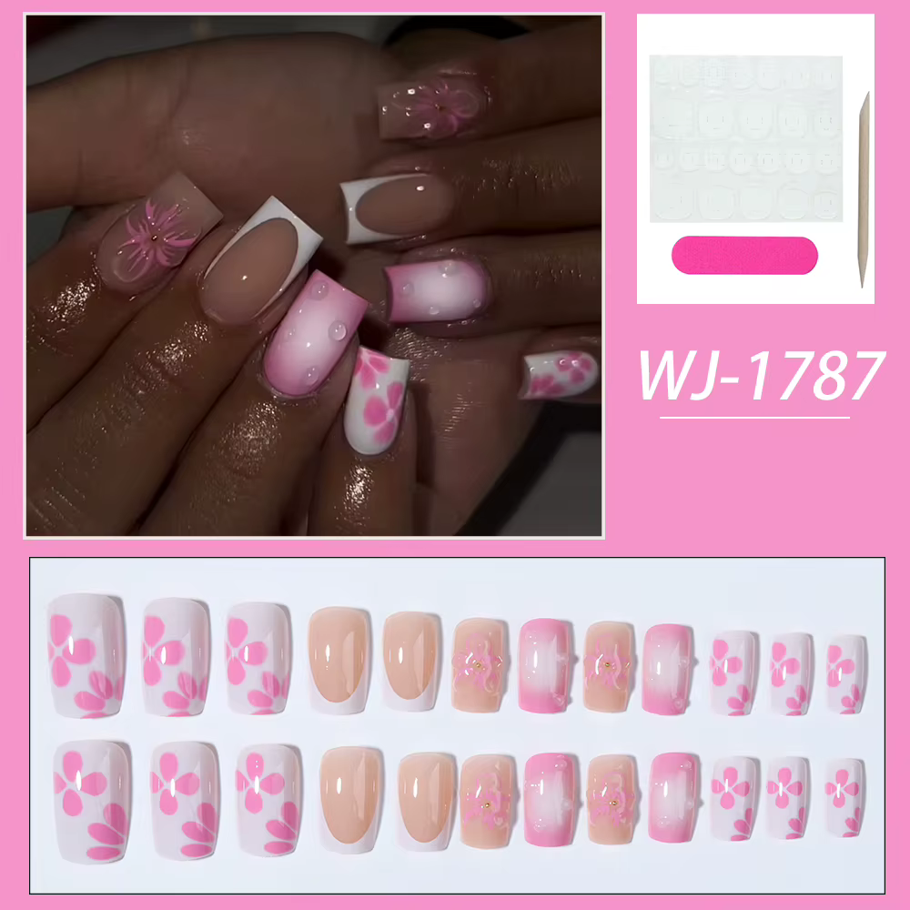 CS 3D gelnail fait des fleurs carrées pointe française presse sur les ongles ajustement moyen parfaitement acrylique