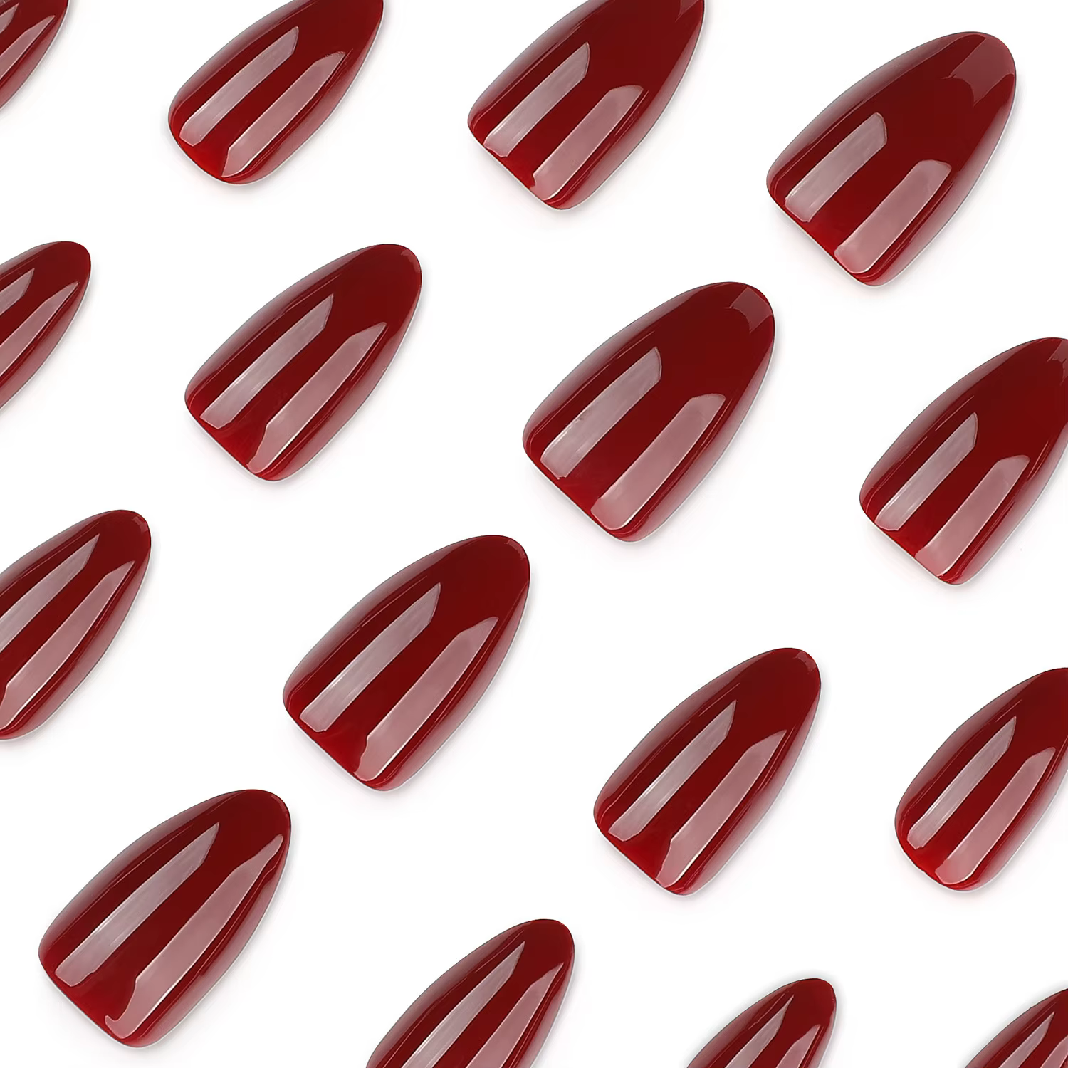 Faux ongles portables de couleur pure rouge vin, forme amande simple pour des doigts élégants et stylés