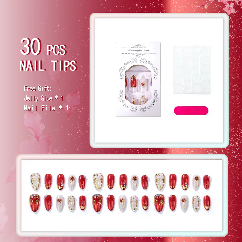 24 faux ongles dorés en amande avec colle
