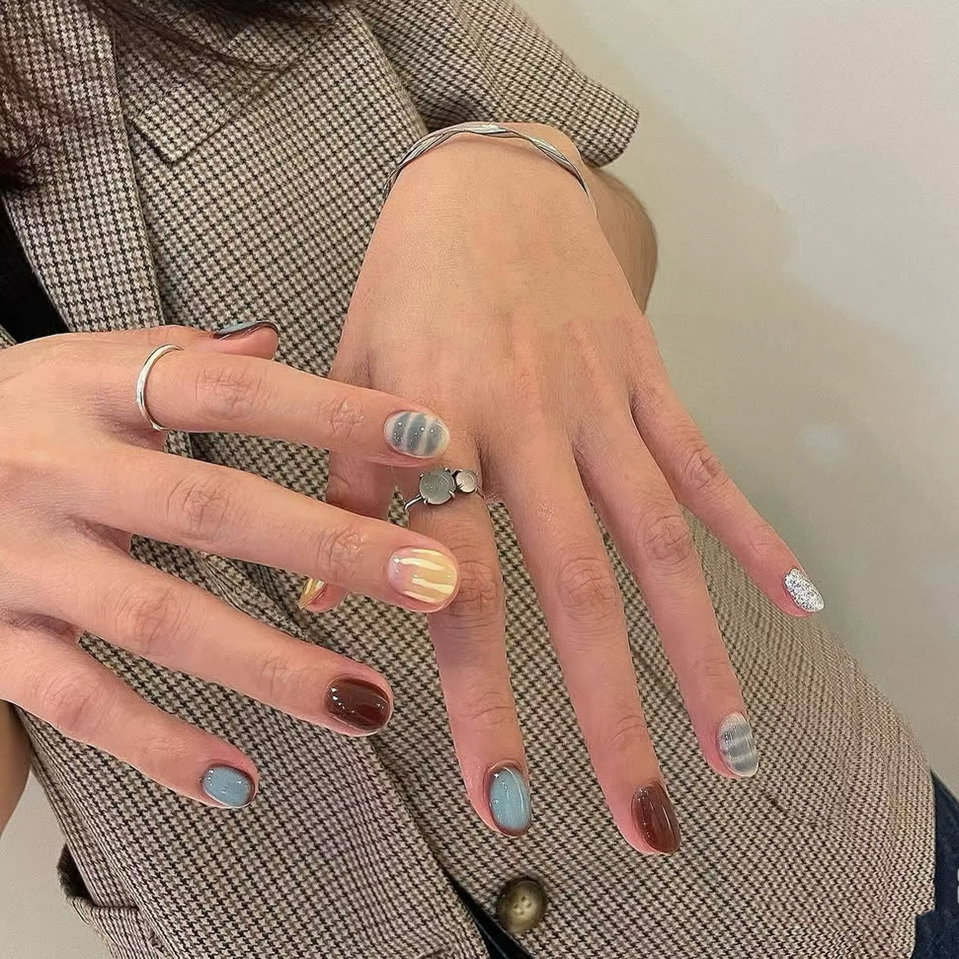 10 pièces bleu Blush court carré rond fait à la main Pres sur les ongles doux coloré dégradé mignon français faux