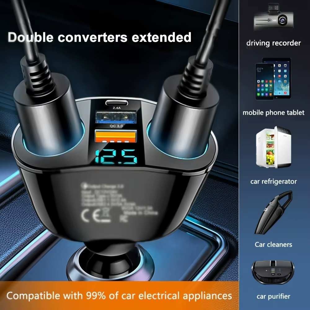 Adaptateur de chargeur de voiture à 3 Ports, plusieurs appareils chargés en même temps, avec affichage numérique de Type C, pour iPhone Samsung Xiaomi