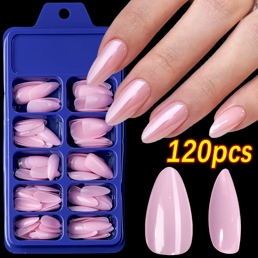 120 pièces/boîte brillant rose faux ongles moyen amande Simple couleur unie presse