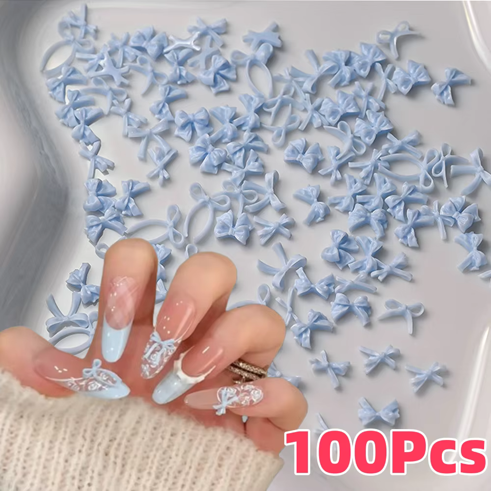 100 pièces 3D bébé bleu mixte nœud papillon Nail Art décorations résine doux ruban arcs ongles breloques pour bricolage artisanat manucure accessoires
