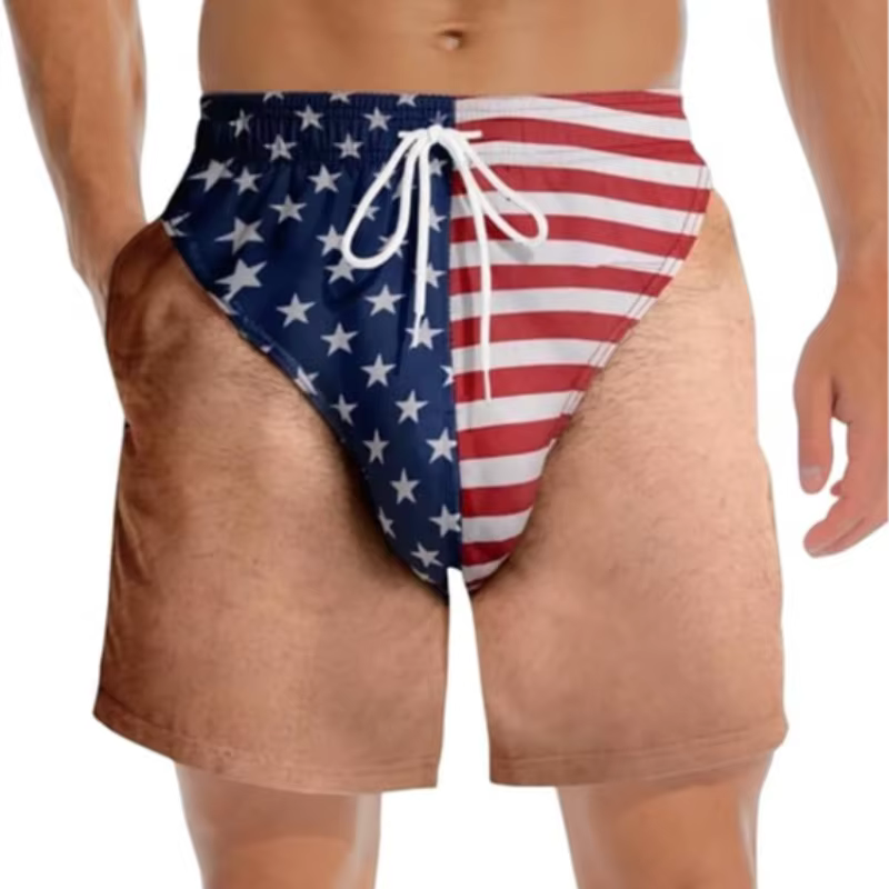 Caleçons fantaisie drôles avec drapeau américain, shorts de plage 3D, jambes poilues réalistes, nouveauté, costume patriotique du 4 juillet, cadeaux amusants pour fête de piscine estivale