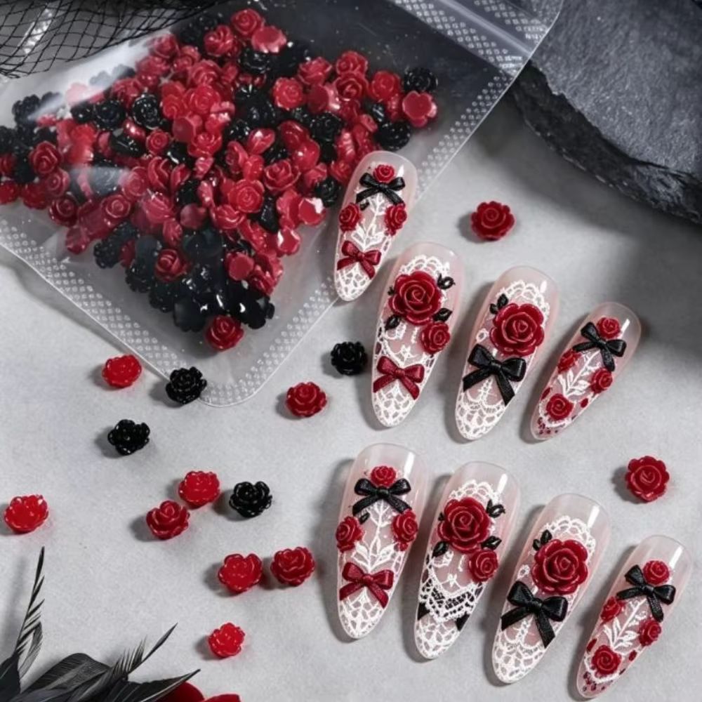Accessoires pour ongles en forme de roses vintage, décorations de roses rouges et noires mélangées, fournitures pour ongles DIY, style Lolita sombre, punk, gothique.