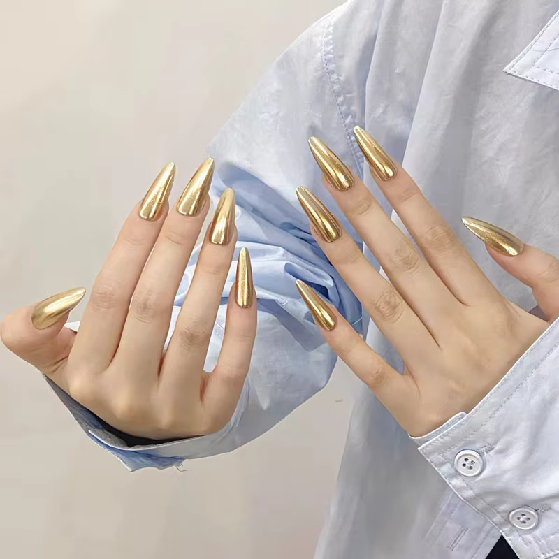 10 pièces longues amande or presse à la main sur les ongles acrylique faux