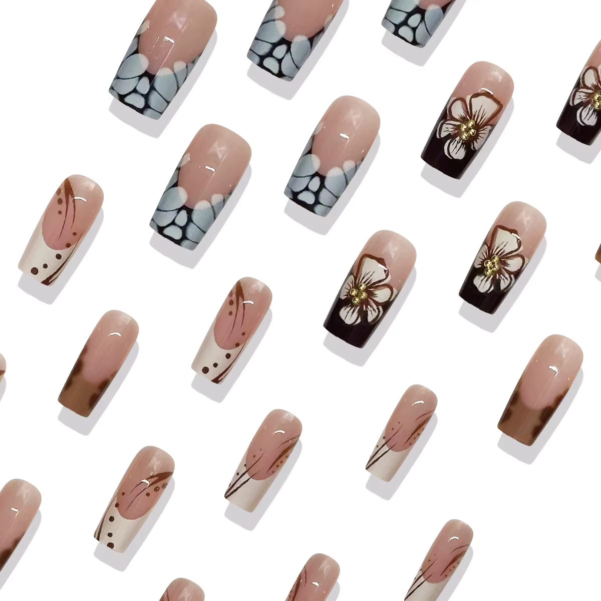 Faux ongles à pression marron carrés moyens avec motifs bâton de fleurs