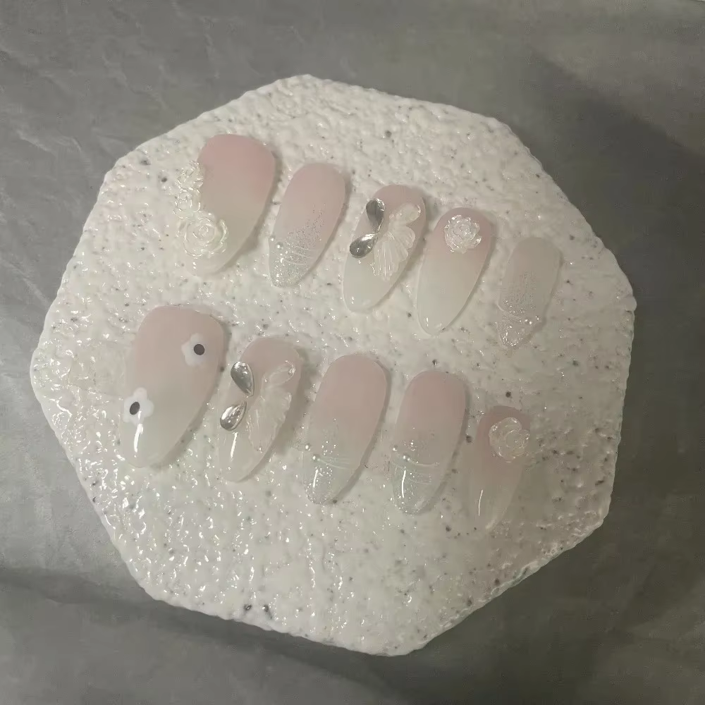 Jennie Style Butterfly Camellia Handmade Amond Press on Nails Korean Sexy Mignon Nail Art Perlé Fleur Paillette De Glitter Faux