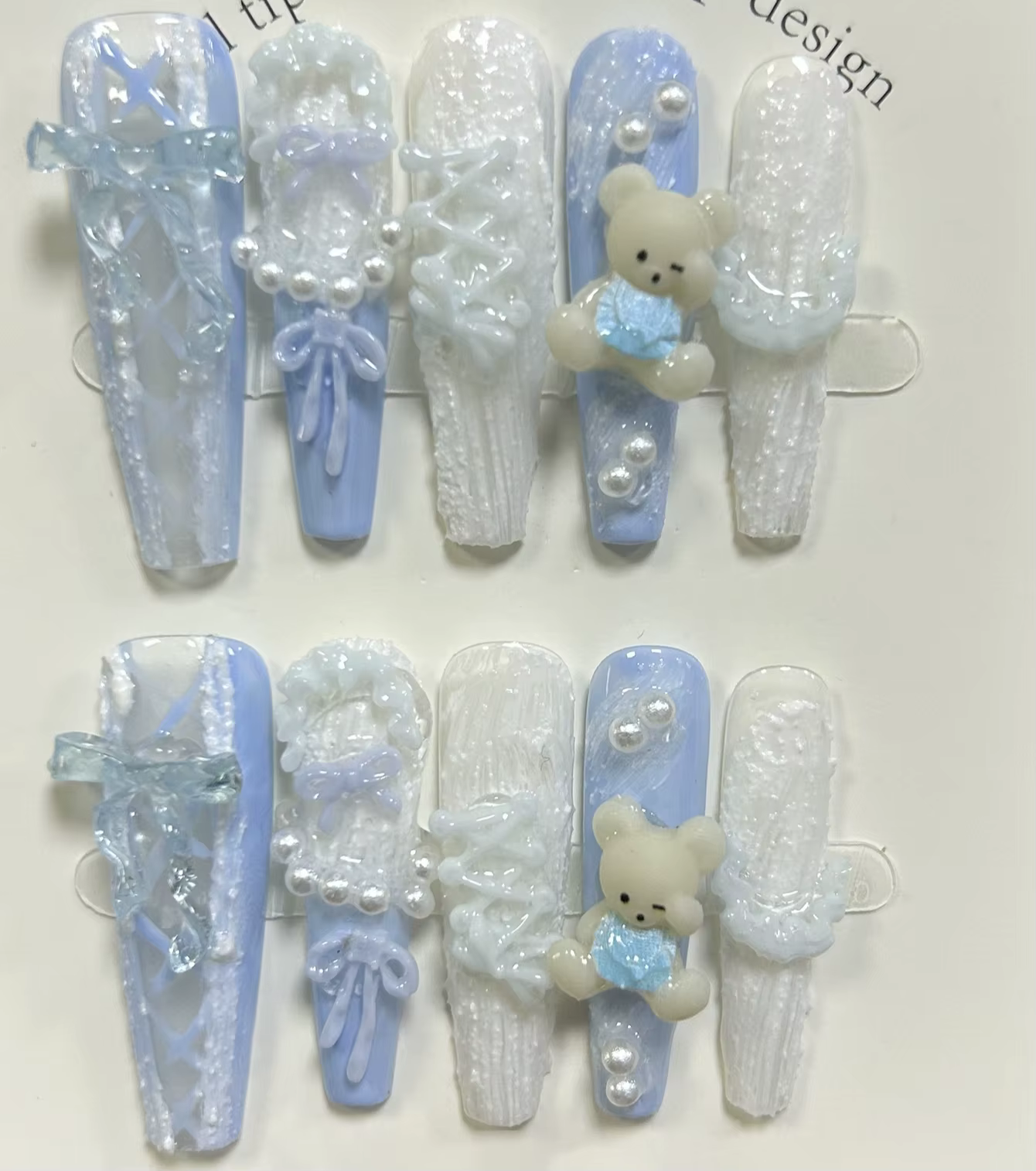 Rococo français Ballet dentelle à la main presse sur les ongles 3D doux mignon ours gypse arc perle faux